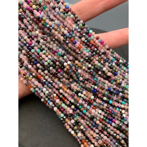 Каменные бусины, Весенний микс, (аметист, горный хрусталь, хризолит, агат, яшма и др.), шарик, огранка, 3 мм, длина нити 38 см