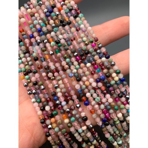 Каменные бусины, Весенний микс, (аметист, горный хрусталь, хризолит, агат, яшма и др.), шарик, огранка, 3 мм, длина нити 38 см