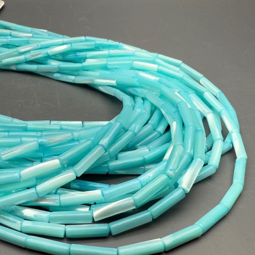 Каменные бусины, Перламутр голубой, тонированный, столбики (трубочки), 13х4 мм, длина нити 38 см