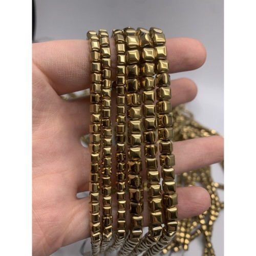 Каменные бусины, Гематит синтетический, золото, кубик объёмный, размер 4 мм, нить 38 см