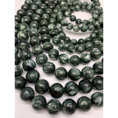 Каменные бусины, Серафинит, Клинохлор, люкс, шарик гладкий, размер 9 мм, длина нити 19 см