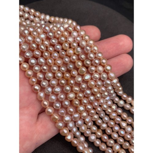 Каменные бусины, Жемчуг, бежево-розовый, 5,5-6 мм, длина нити 35 см