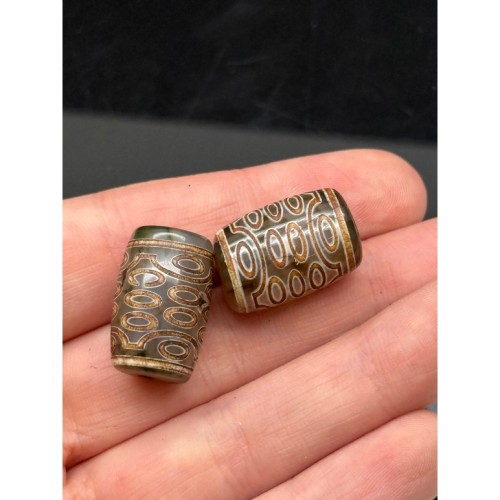 Бусина Дзи "427", 21 глаз, Агат, зелёный, тонированный, состаренный, кракле, 22х14 мм, цена за 1 бусину