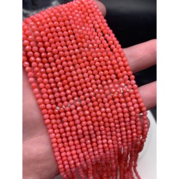 Каменные бусины, Коралл, ярко розовый, тонированный, шарик огранка, 3 мм, нить 38 см