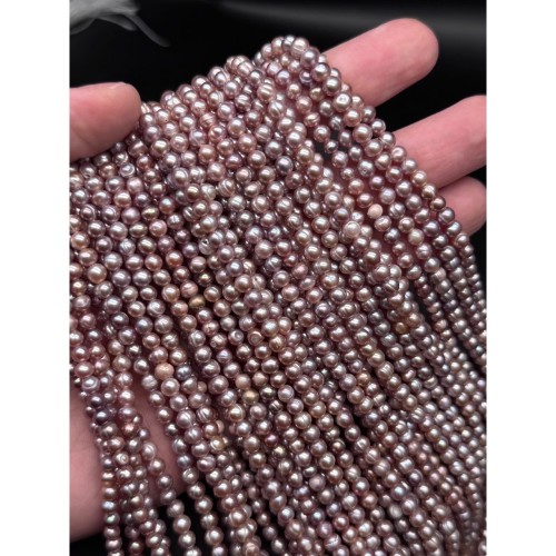 Каменные бусины, Жемчуг, розовый, 2А, шарик гладкий, 3,5-4,5 мм, длина нити 34 см
