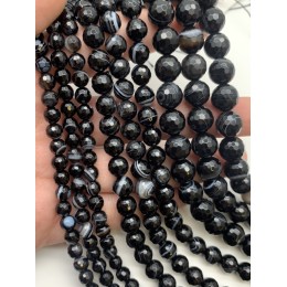 Каменные бусины, Агат чёрный, с полосками, шарик огранка, 10 мм, длина нити 38 см