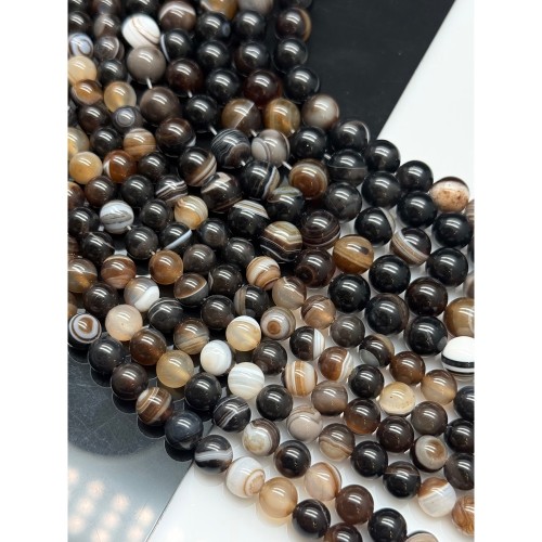 Каменные бусины, Агат, темный коричневый микс, шарик гладкий, 10 мм, длина нити 38 см