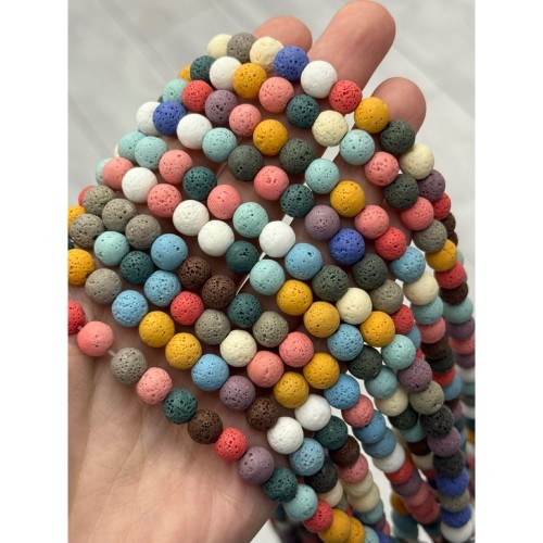Каменные бусины, вулканическая лава, люкс, пористая, тонированная, микс цветов, шарик гладкий, 8 мм, длина нити 37 см