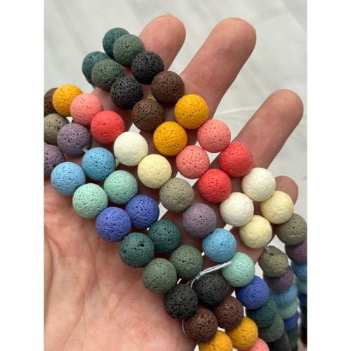 Каменные бусины, вулканическая лава, люкс, пористая, тонированная, микс цветов, шарик гладкий, 12 мм, длина нити 37 см