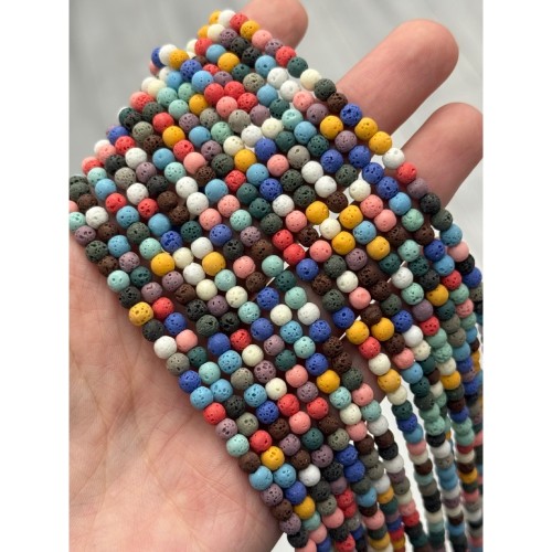 Каменные бусины, вулканическая лава, люкс, пористая, тонированная, микс цветов, шарик гладкий, 4 мм, длина нити 37 см