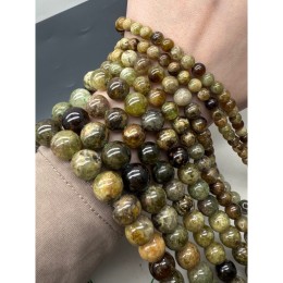 Каменные бусины, Гранат, зеленый, Гроссуляр, шарик гладкий, 9,8-10 мм, нить 19 см