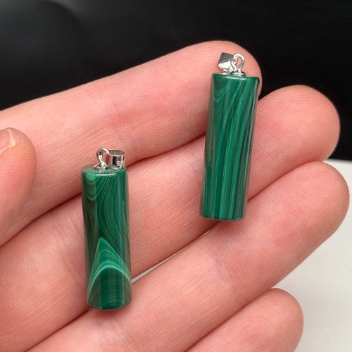 Подвеска, Малахит (Конго), "Цилиндр", SS 925, размер 25х8 мм, цена за 1 шт.