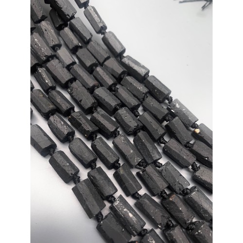 Каменные бусины, Турмалин, чёрный, Шерл, матовый, не обработанный, фриформы, 12-15 мм, длина нити 38 см