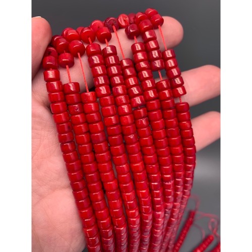 Каменные бусины, Коралл, красный, тонированный, бочонок, 4х6 мм, длина нити 38 см