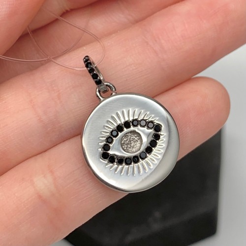 Подвеска, "Глаз", (Всевидящее око), нержавеющая сталь, с черными стразами (цирконами),  размер 19х3 мм