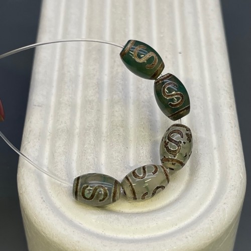 Бусина Дзи "802", Денежный крючок, Агат, зелёный, тонированный, состаренный, кракле, 12х8 мм, цена за 5 бусин