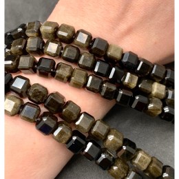 Каменные бусины, Обсидиан золотой, кубик, зеркальная огранка, 8х8 мм, длина нити 38 см