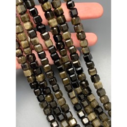 Каменные бусины, Обсидиан золотой, кубик, зеркальная огранка, 8х8 мм, длина нити 38 см