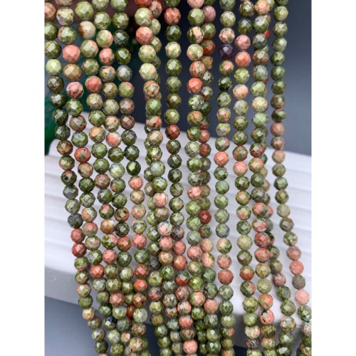Каменные бусины, Унакит, огранка, шарик 3-3,5 мм, длина нити 38 см
