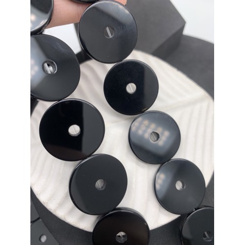 Каменные бусины, Агат черный, т.н. "Оникс", люкс, круглые, плоские, 25x3 мм, 16 шт. на нити, длина 38 см