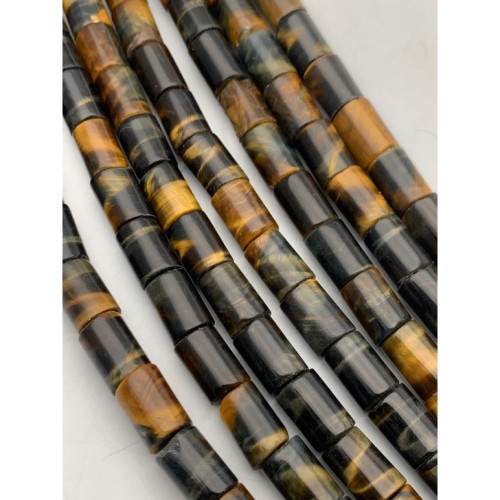 Каменные бусины, Тигрово-соколиный глаз, столбик гладкий, фриформы, 8х12 мм, длина нити 38 см, 33 бусины на нити