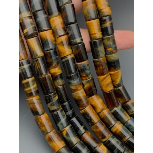 Каменные бусины, Тигрово-соколиный глаз, столбик гладкий, фриформы, 8х12 мм, длина нити 38 см, 33 бусины на нити