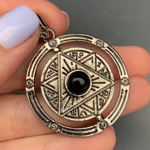 Подвеска, Агат черный, гексаграмма в круге, диаметр 37 мм, цена за 1 шт.