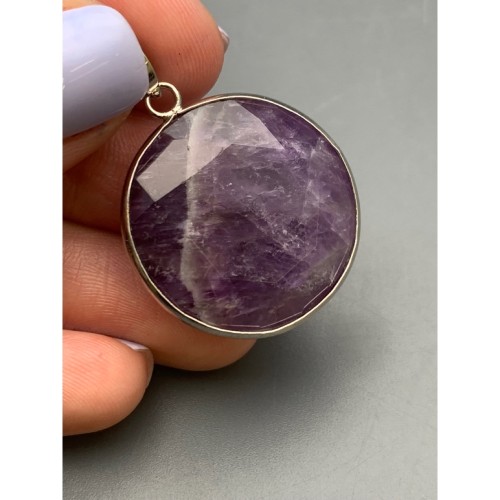 Подвеска, Аметист, в оправе, круглая, размер 26х7 мм, цена за 1 шт.