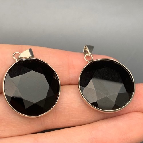 Подвеска, Агат черный, оникс, в оправе, круглая, размер 26х7 мм, цена за 1 шт.