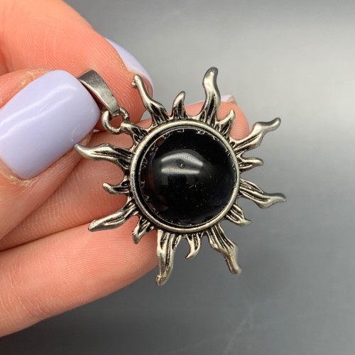Подвеска, Агат черный, оникс, солнце, в оправе, размер 34х9 мм, цена за 1 шт.