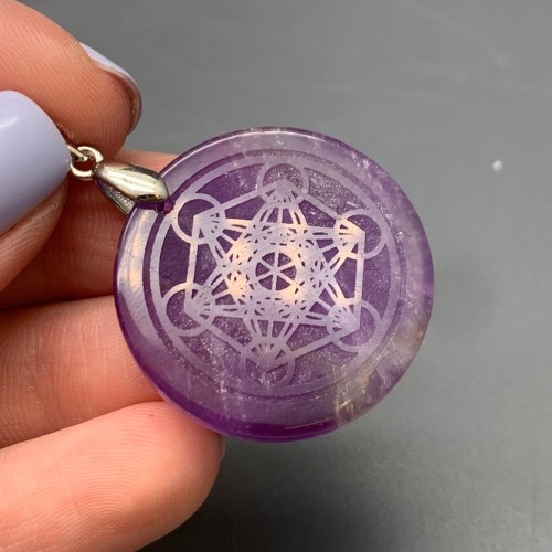 Подвеска, Аметист, с гравировкой, "Куб Метатрона", размер 30х4,5 мм, цена за 1 шт.