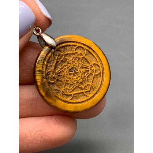 Подвеска, Тигровый глаз, с гравировкой, "Куб Метатрона", размер 30х4,5 мм, цена за 1 шт.