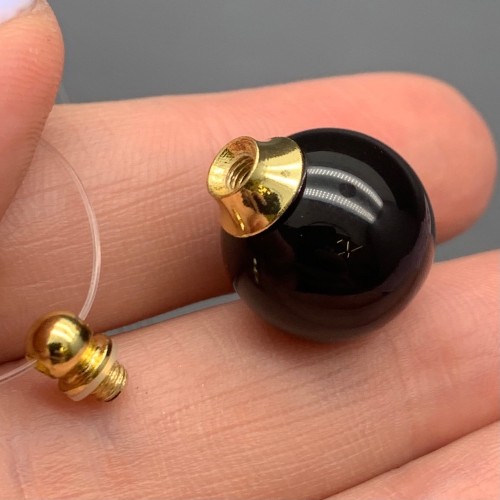 Подвеска, Агат черный, оникс, кулон-флакон для духов и масел, шар гладкий 16 мм, крепление - цвет золото, цена за 1 шт.