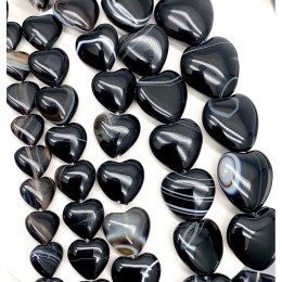 Каменные бусины, Агат черный, с полосками, сердечки, люкс, размер 16х7 мм, длина нити 18 см