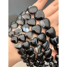 Каменные бусины, Агат черный, с полосками, сердечки, люкс, размер 16х7 мм, длина нити 18 см