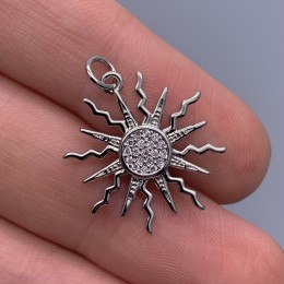 Подвеска, солнце, латунь, цвет серебро/родий, с фианитами, размер 21 мм