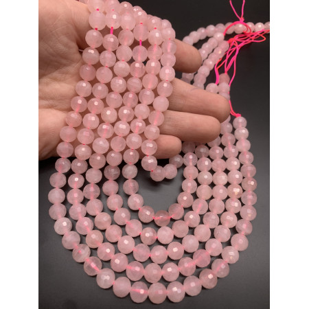 Каменные бусины, Розовый Кварц, ювелирная огранка, шарик, 8 мм, длина нити 38 см
