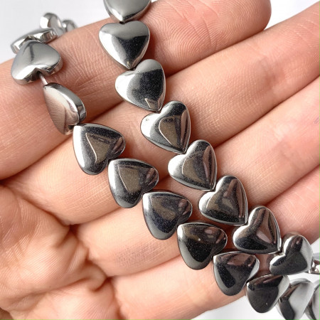 Каменные бусины, Гематит синтетический, серебро, сердечки объемные, 10 мм, длина нити 38 см арт. 16920