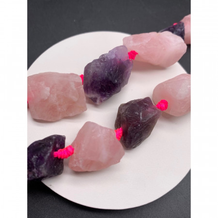 Каменные бусины, Аметист, Розовый Кварц, не обработанный, фриформы, 20-28 мм, длина нити 19 см, 7 шт. на нити