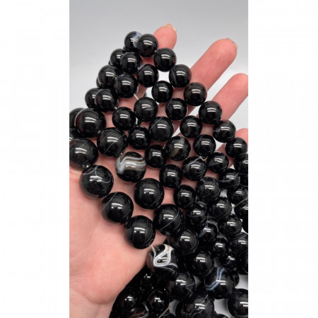 Каменные бусины, Агат, чёрный, тонированный, с полосками, шарик гладкий, 20 мм, длина нити 38 см