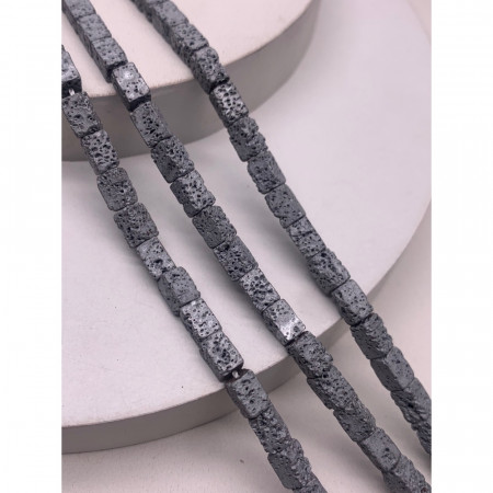 Каменные бусины, Вулканическая лава, тонированная, цвет серебро, трубочки прямоугольные, размер 6х4 мм, длина нити 38 см