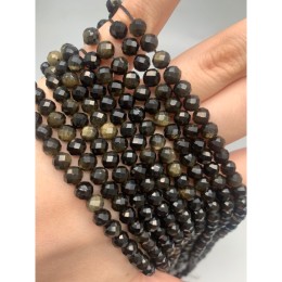Каменные бусины, Обсидиан, золотой, шарик огранка, 6 мм, длина нити 38 см