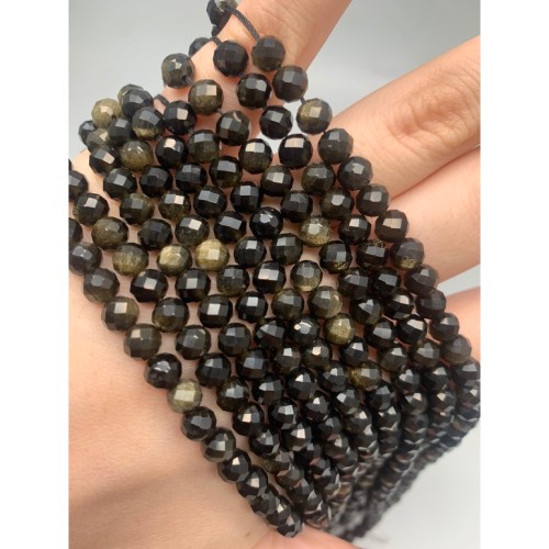 Каменные бусины, Обсидиан, золотой, шарик огранка, 6 мм, длина нити 38 см