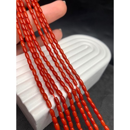 Каменные бусины, Коралл, красный, тонированный, бочонок, 3х5 мм, длина нити 38 см