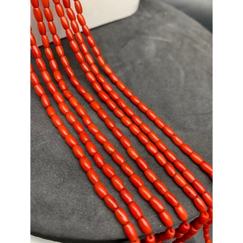 Каменные бусины, Коралл, красный, тонированный, бочонок, 3х5 мм, длина нити 38 см