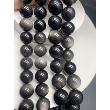 Каменные бусины, Обсидиан серебристый, шарик гладкий, 13,5-14 мм, длина нити 38 см