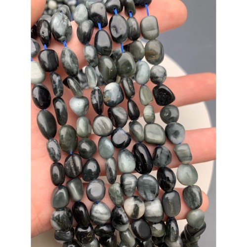 Каменные бусины, Соколиный глаз, серый, фриформы, 10х8 мм, длина нити 38 см