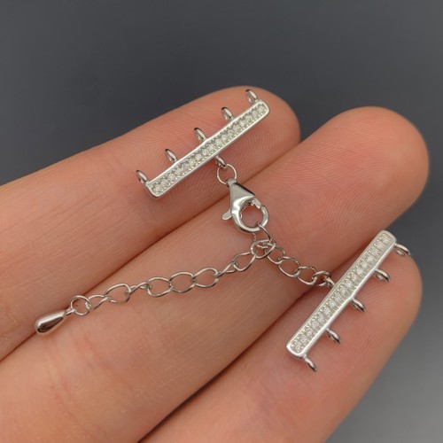 Замок, многорядный, вставка цирконии, модель 925, покрытие родий, 20х3 мм, карабин 11 мм, с удлинителем 40 мм, цена за шт