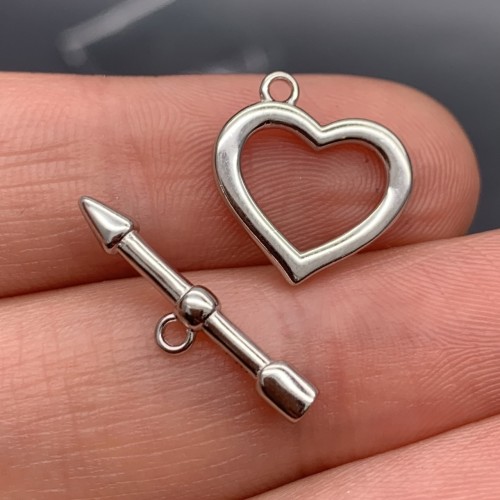 Замочек, тогл, "сердце", модель 925, покрытие родий, размер 15 мм, палочка 21 мм, цена за шт.