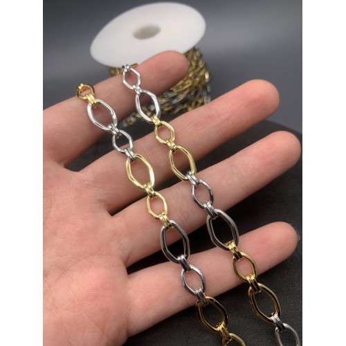 Цепь № 28, цвет серебро-золото, биколор размер звена 14х9 и 11х7 мм, цена за 1 метр